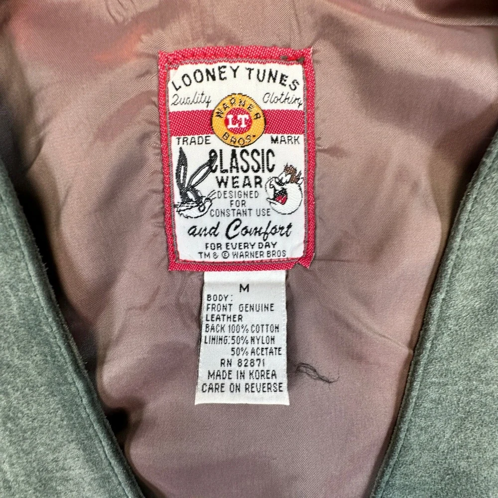 Vintage Looney Tunes Taz Vest Mens Medium Slim Fit Green Suede Leather 90s Biker